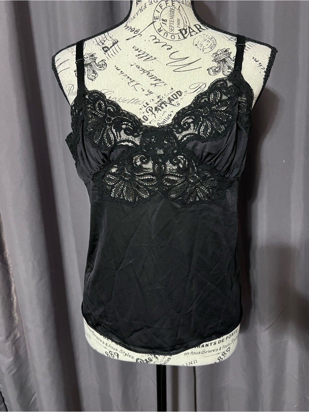 VTG Shadowline Black Lace Trim Camisole Top Sz 36 Cami Slip Tank